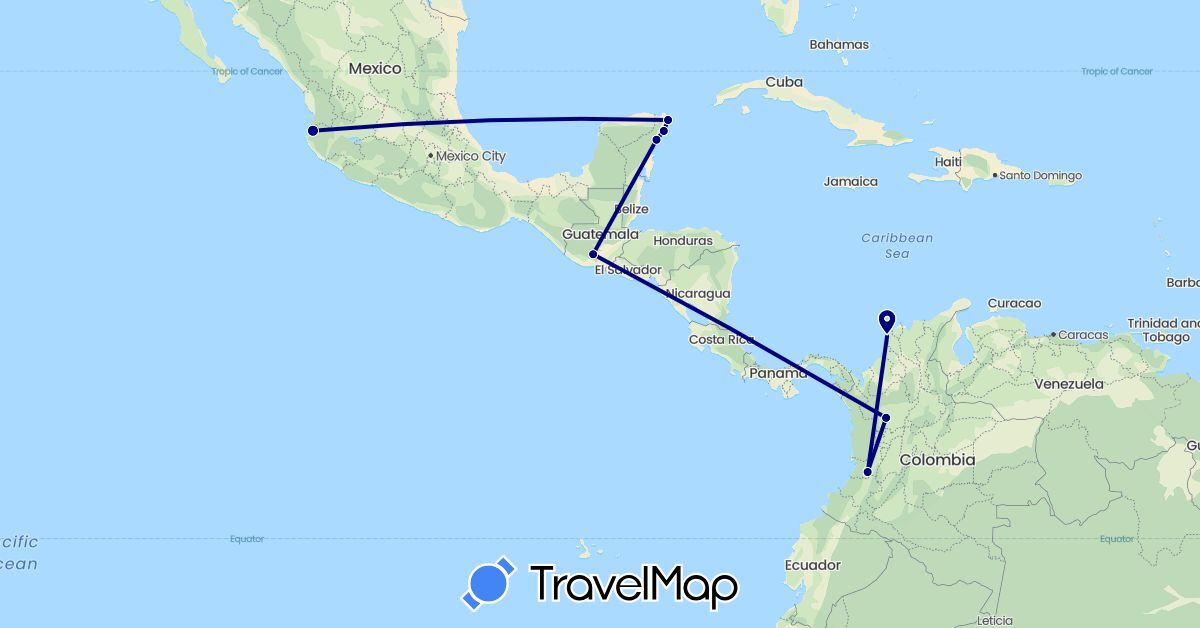 TravelMap itinerary: driving in Colombia, Guatemala, Mexico (North America, South America)